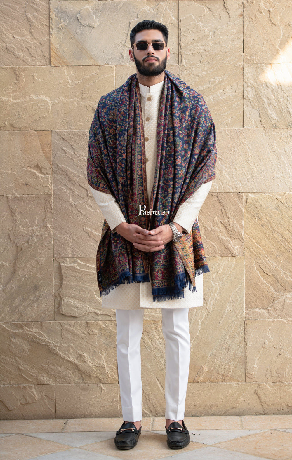 Pashtush India Mens Scarves Stoles and Mufflers Pashtush mens faux pashmina stole, ethnic weave design, Navy Blue