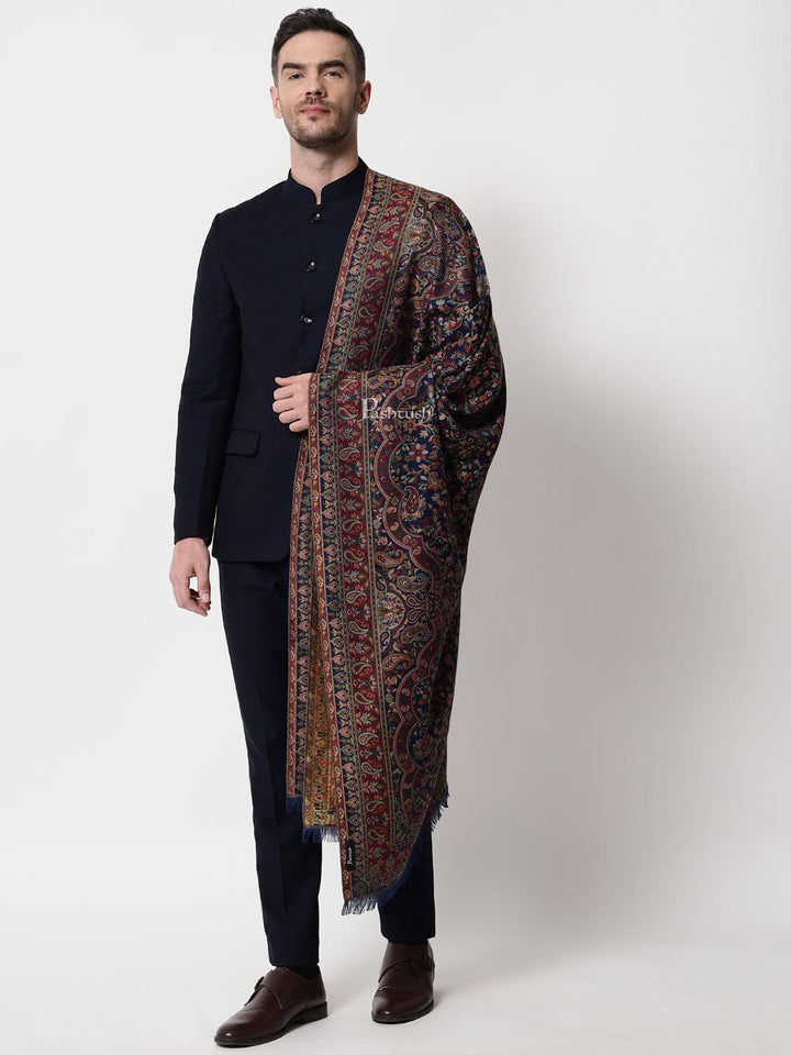 Pashtush India Mens Scarves Stoles and Mufflers Pashtush mens faux pashmina stole, ethnic weave design, Navy Blue