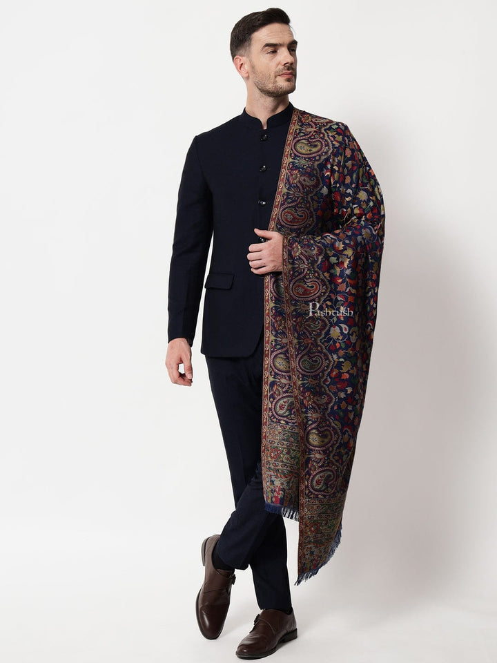 Pashtush India Mens Scarves Stoles and Mufflers Pashtush mens faux pashmina stole, ethnic weave design, Navy Blue