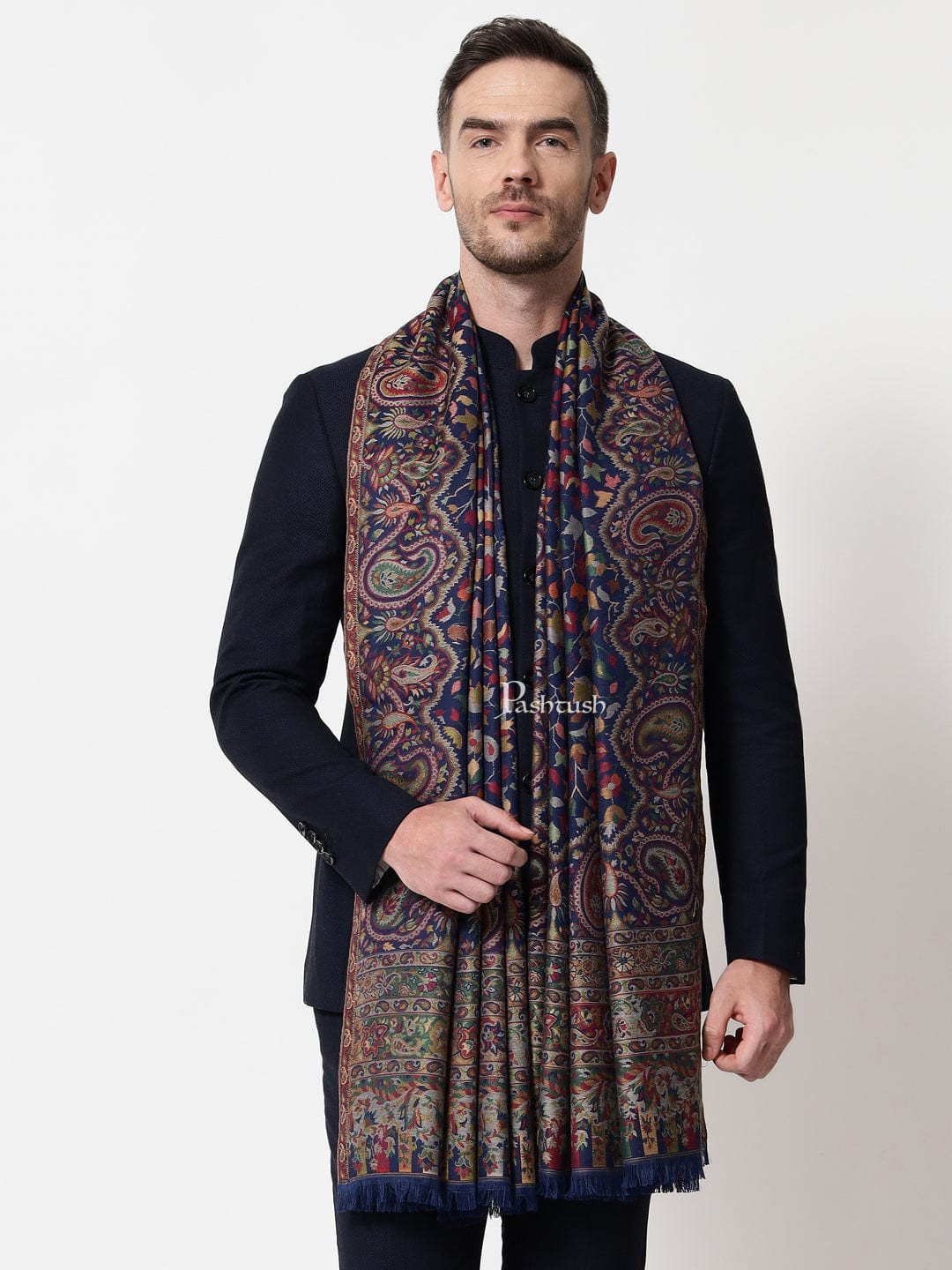 Pashtush India Mens Scarves Stoles and Mufflers Pashtush mens faux pashmina stole, ethnic weave design, Navy Blue