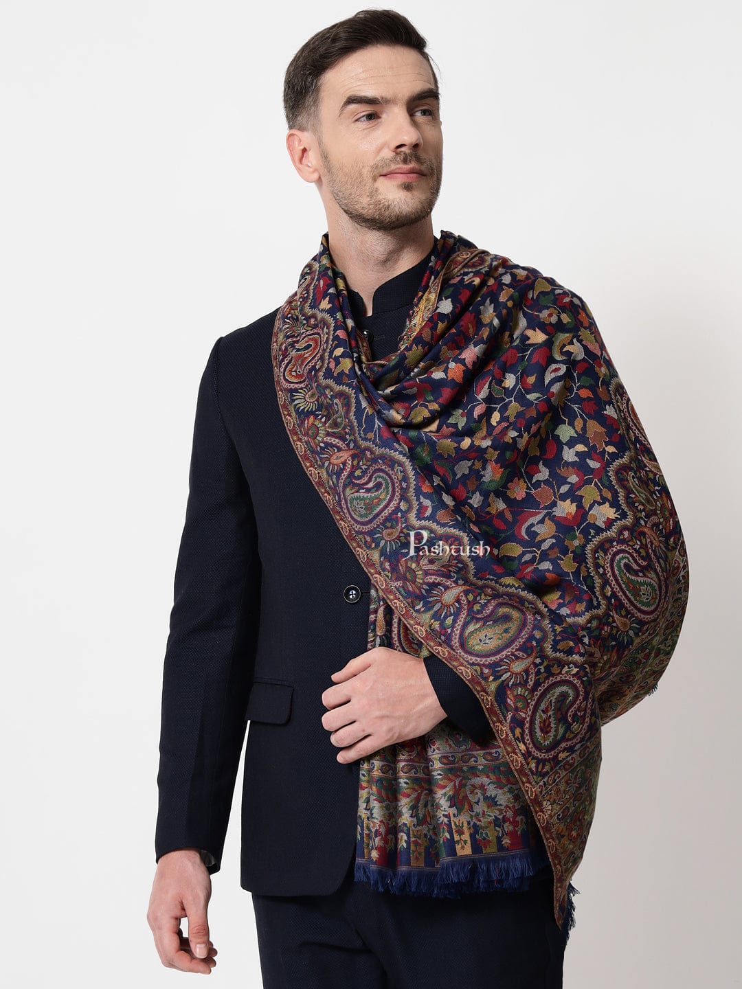 Pashtush India Mens Scarves Stoles and Mufflers Pashtush mens faux pashmina stole, ethnic weave design, Navy Blue