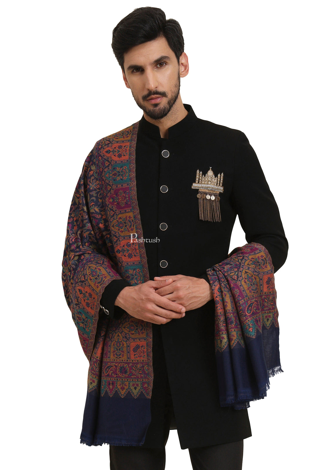Pashtush India Mens Scarves Stoles and Mufflers Pashtush Mens Faux Pashmina Stole, Jamawar Design, Blue