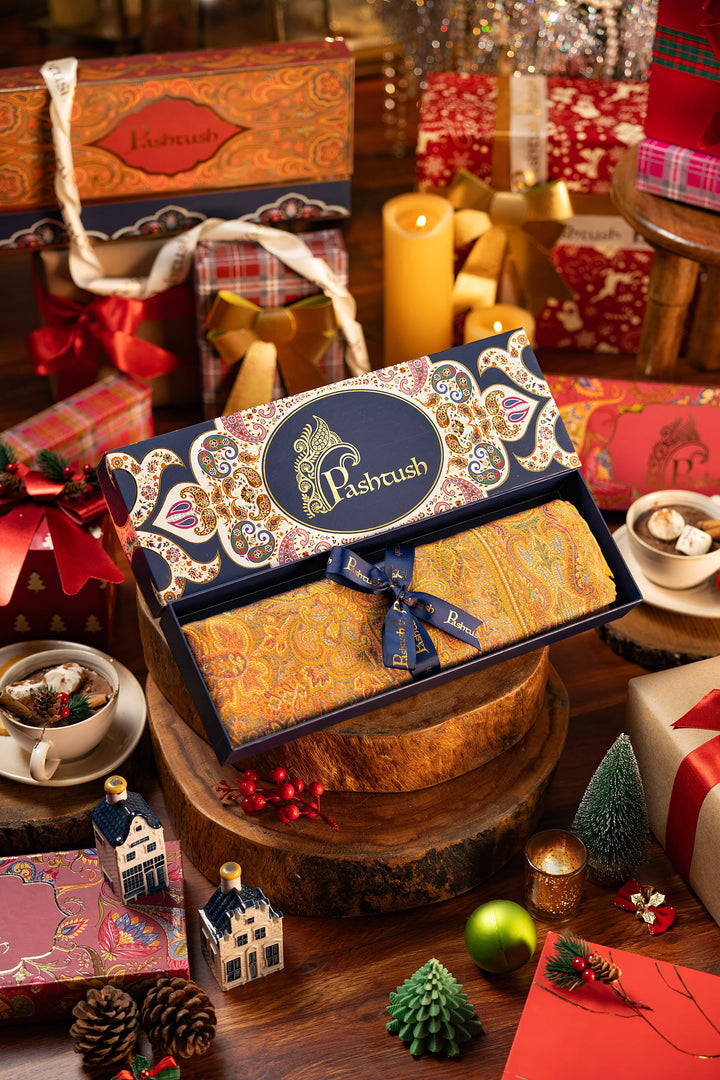 Pashtush India Gift Pack Pashtush Mens Faux Pashmina Stole, Jamawar Design, Mustard