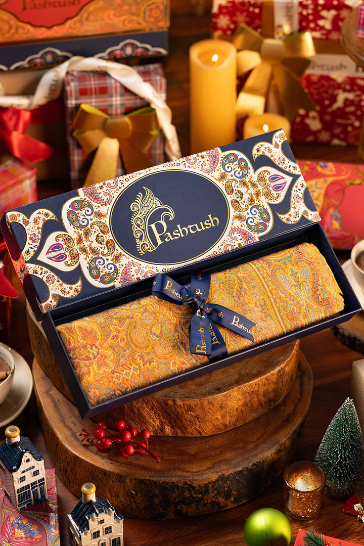 Pashtush India Gift Pack Pashtush Mens Faux Pashmina Stole, Jamawar Design, Mustard