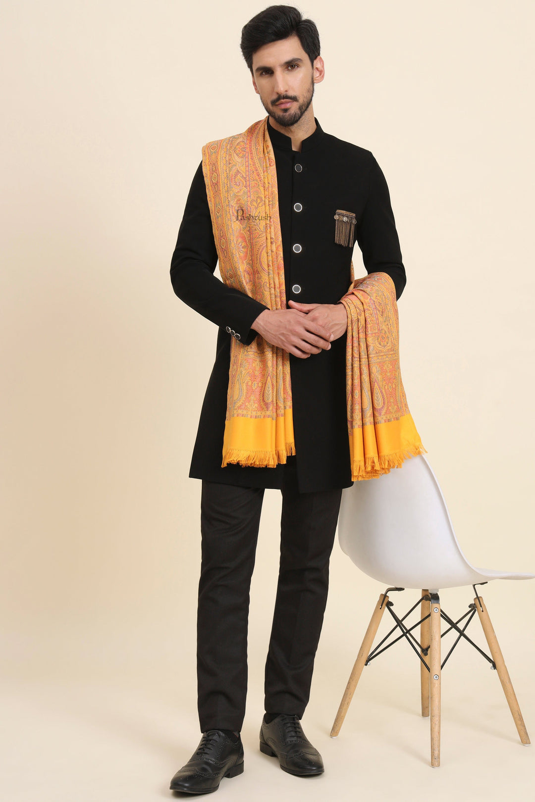 Pashtush India Mens Scarves Stoles and Mufflers Pashtush Mens Faux Pashmina Stole, Jamawar Design, Mustard