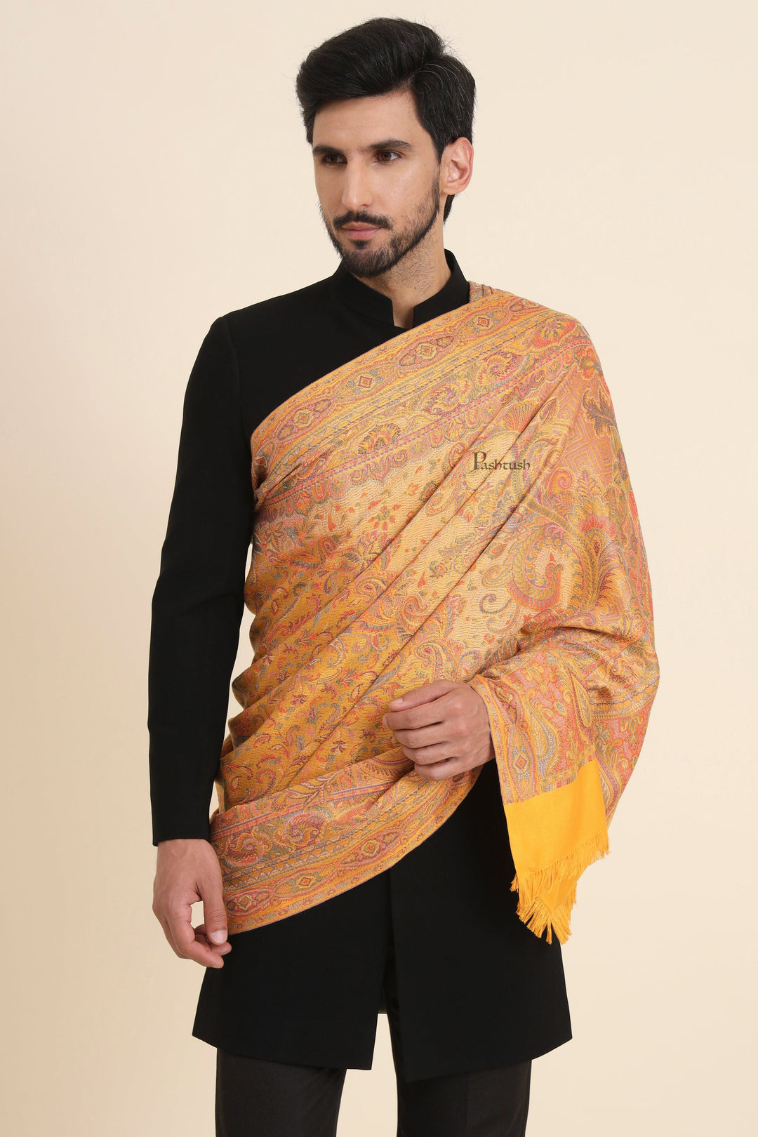 Pashtush India Mens Scarves Stoles and Mufflers Pashtush Mens Faux Pashmina Stole, Jamawar Design, Mustard