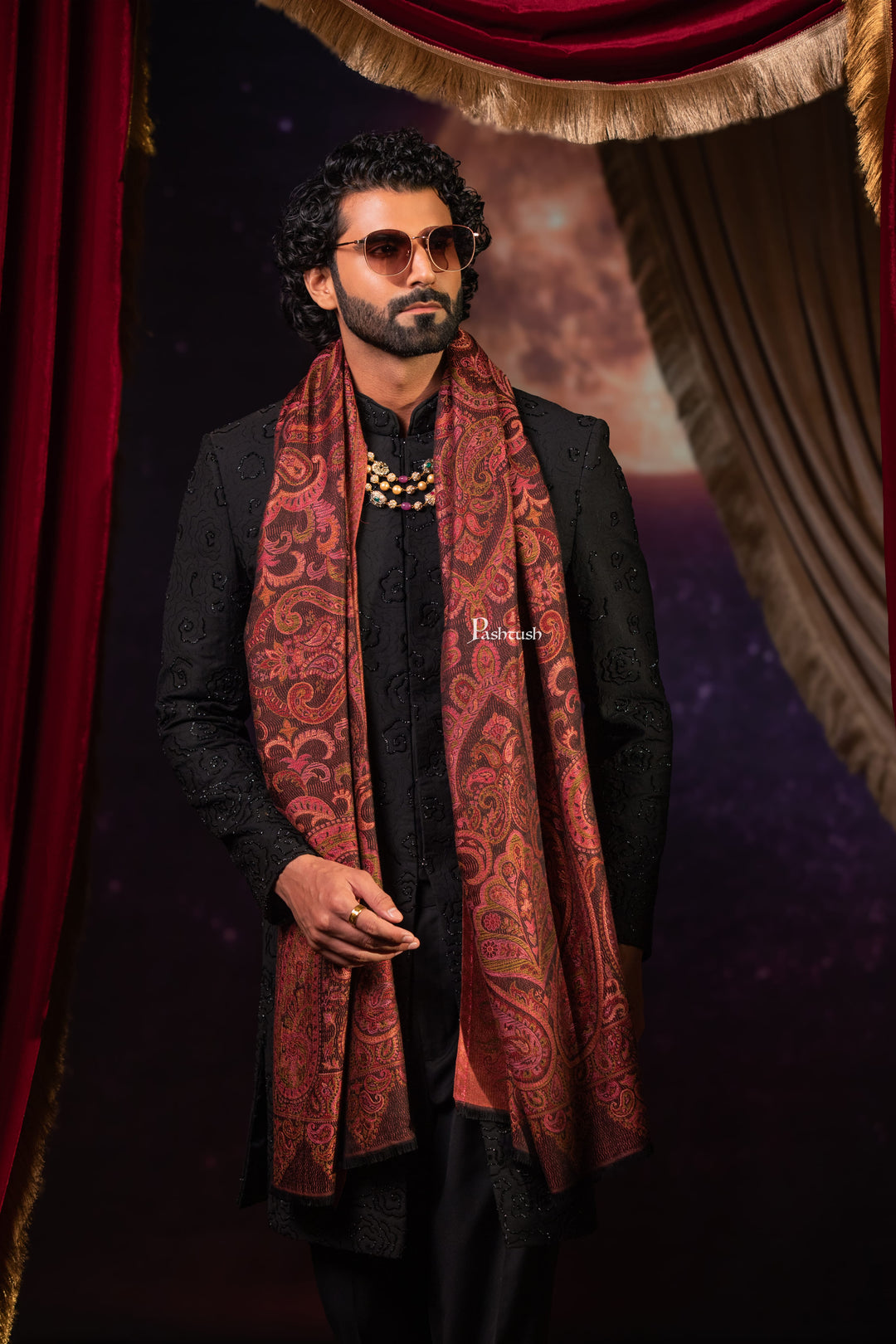 Pashtush India Mens Scarves Stoles and Mufflers Pashtush Mens Faux Pashmina Stole, Paisley Weave Design, Espresso Brown