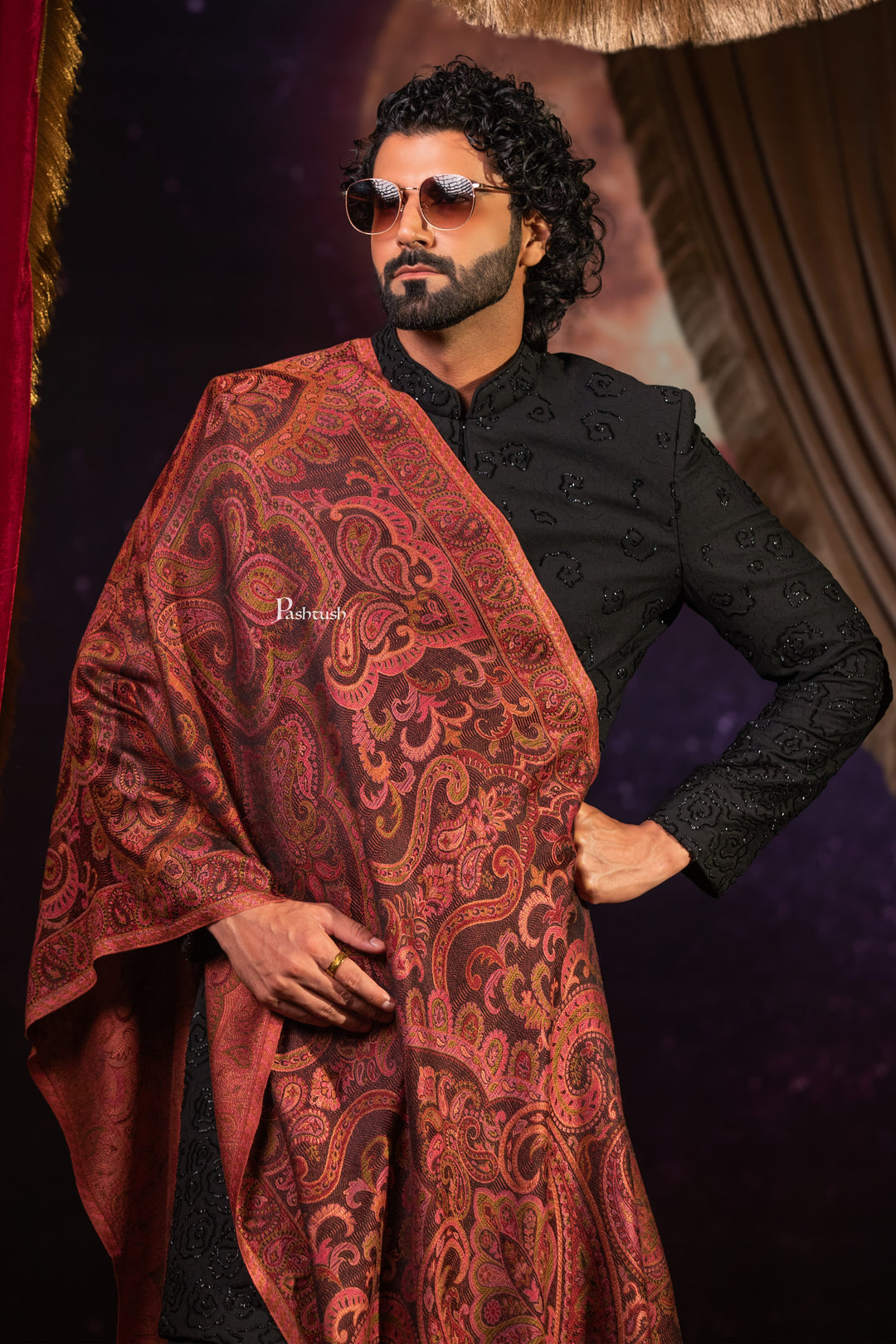 Pashtush India Mens Scarves Stoles and Mufflers Pashtush Mens Faux Pashmina Stole, Paisley Weave Design, Espresso Brown