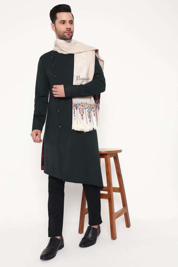 Pashtush India Mens Scarves Stoles and Mufflers Pashtush Mens Faux Pashmina Stole, Paisley Weave Design, Ivory