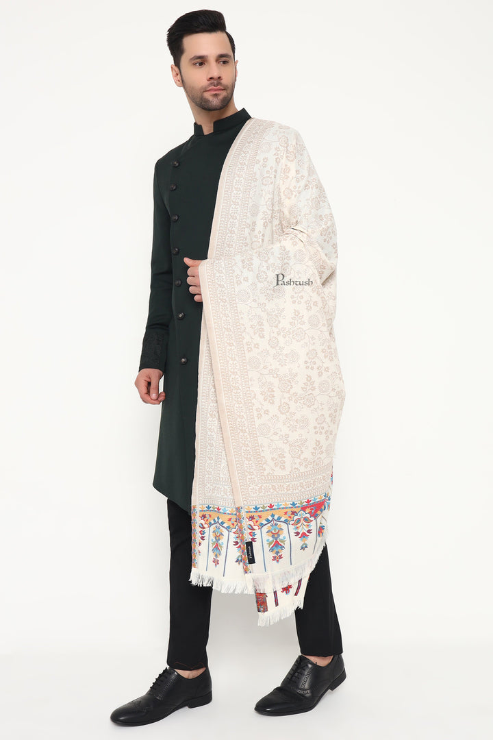 Pashtush India Mens Scarves Stoles and Mufflers Pashtush Mens Faux Pashmina Stole, Paisley Weave Design, Ivory