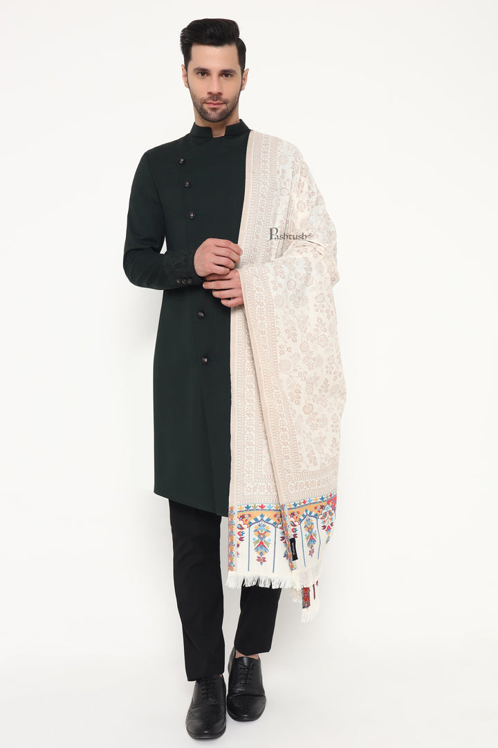 Pashtush India Mens Scarves Stoles and Mufflers Pashtush Mens Faux Pashmina Stole, Paisley Weave Design, Ivory