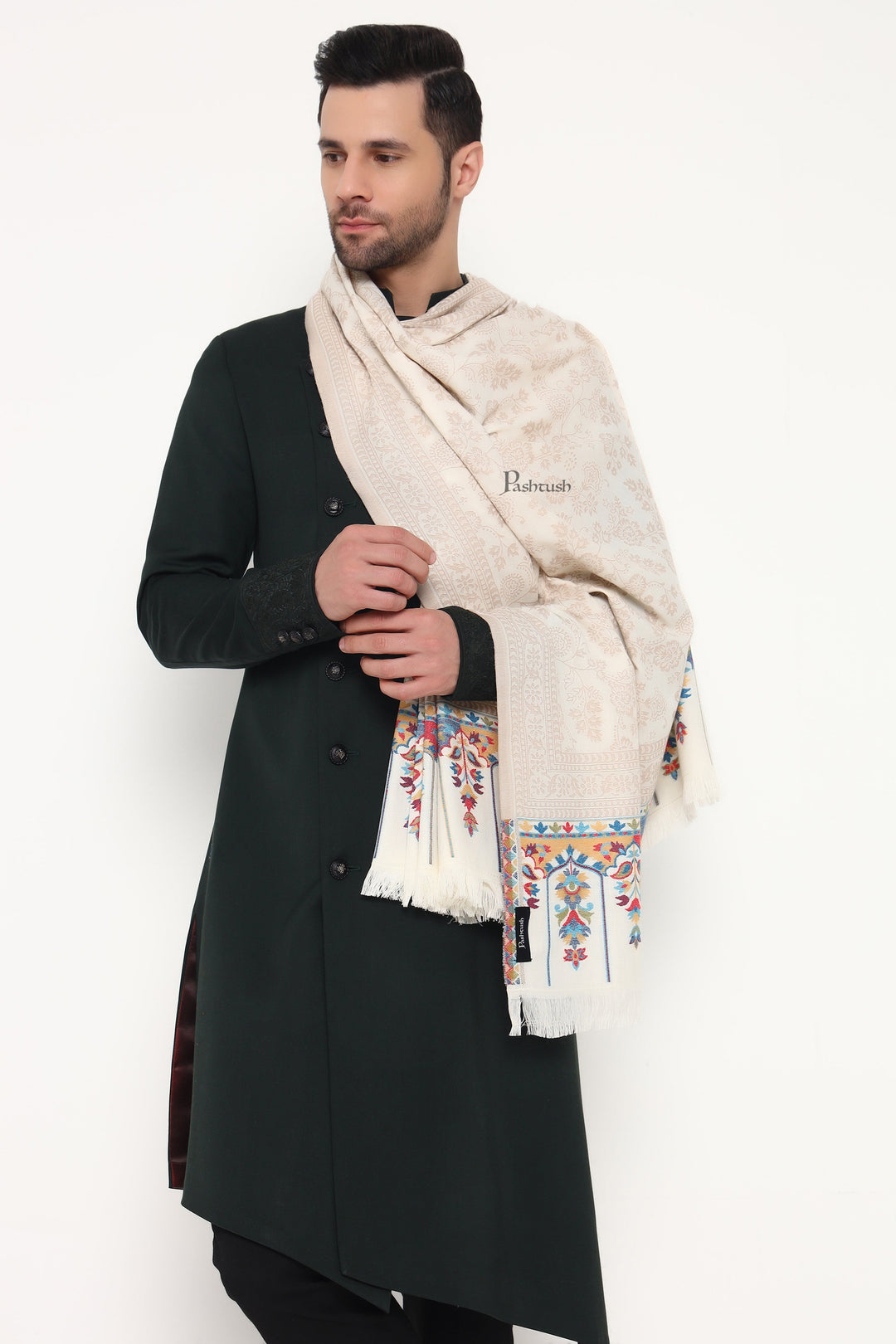 Pashtush India Mens Scarves Stoles and Mufflers Pashtush Mens Faux Pashmina Stole, Paisley Weave Design, Ivory