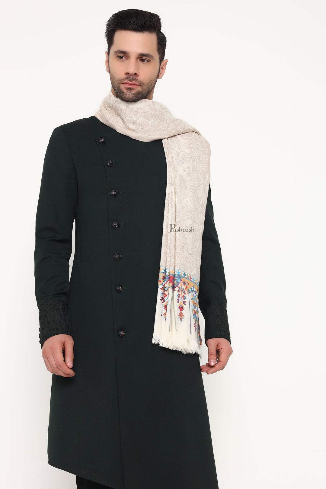 Pashtush India Mens Scarves Stoles and Mufflers Pashtush Mens Faux Pashmina Stole, Paisley Weave Design, Ivory