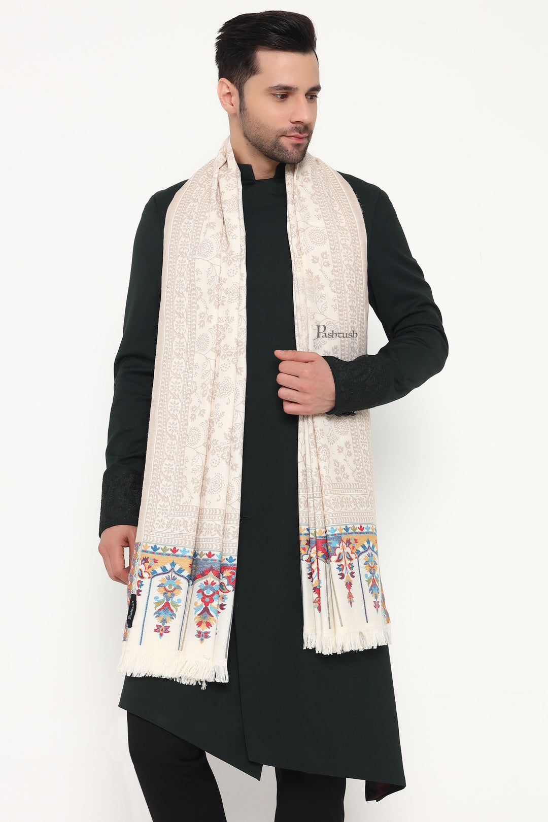 Pashtush India Mens Scarves Stoles and Mufflers Pashtush Mens Faux Pashmina Stole, Paisley Weave Design, Ivory