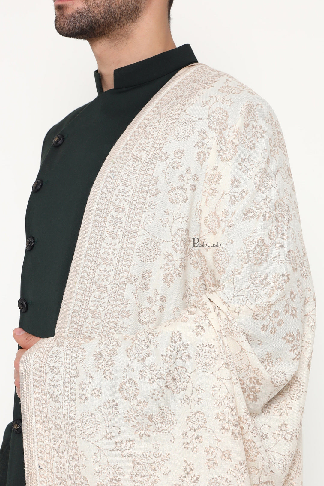 Pashtush India Mens Scarves Stoles and Mufflers Pashtush Mens Faux Pashmina Stole, Paisley Weave Design, Ivory