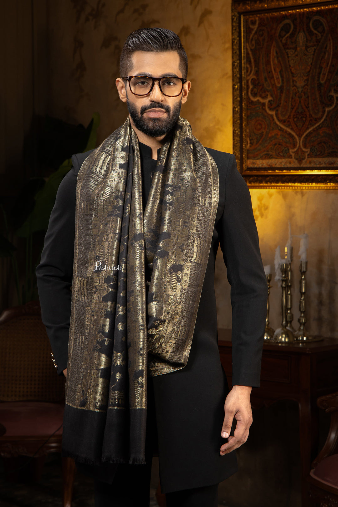 Pashtush India Mens Scarves Stoles and Mufflers Pashtush Mens Faux Pashmina Stole, Twilight Darbar Border Design, Black