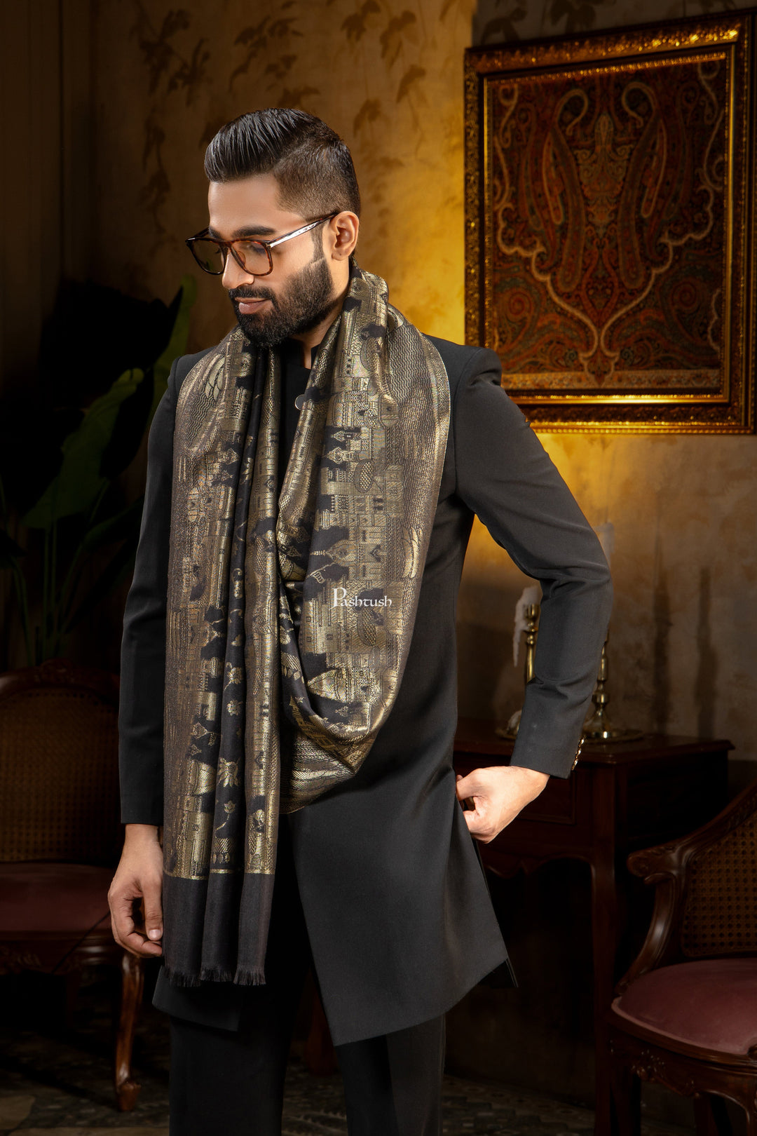 Pashtush India Mens Scarves Stoles and Mufflers Pashtush Mens Faux Pashmina Stole, Twilight Darbar Border Design, Black