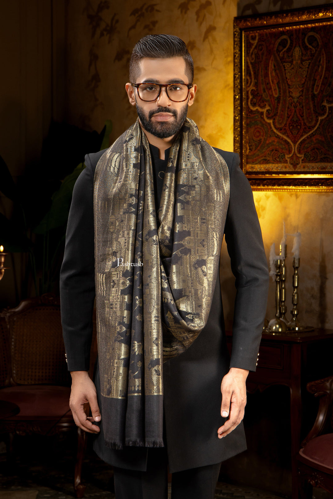 Pashtush India Mens Scarves Stoles and Mufflers Pashtush Mens Faux Pashmina Stole, Twilight Darbar Border Design, Black