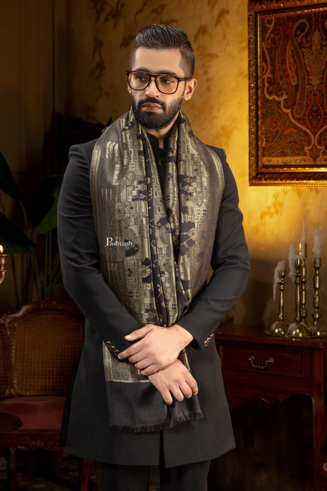 Pashtush India Mens Scarves Stoles and Mufflers Pashtush Mens Faux Pashmina Stole, Twilight Darbar Border Design, Black