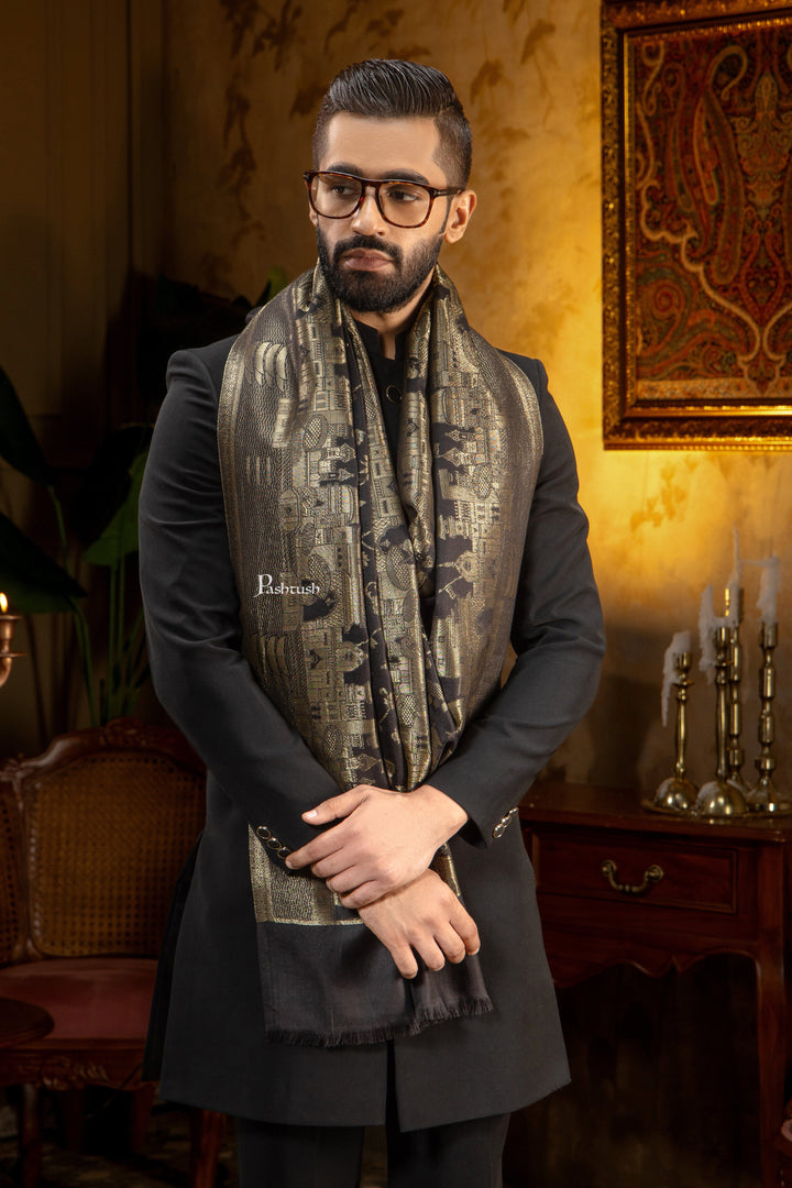 Pashtush India Mens Scarves Stoles and Mufflers Pashtush Mens Faux Pashmina Stole, Twilight Darbar Border Design, Black