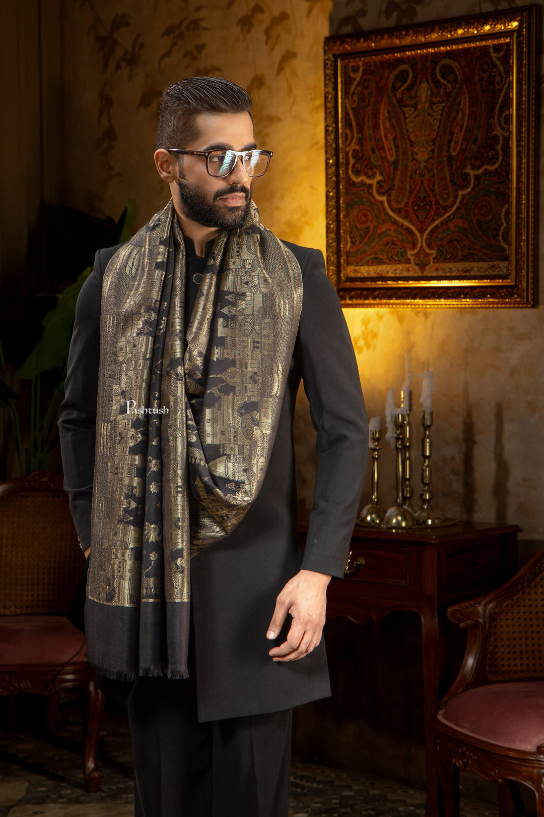 Pashtush India Mens Scarves Stoles and Mufflers Pashtush Mens Faux Pashmina Stole, Twilight Darbar Border Design, Black