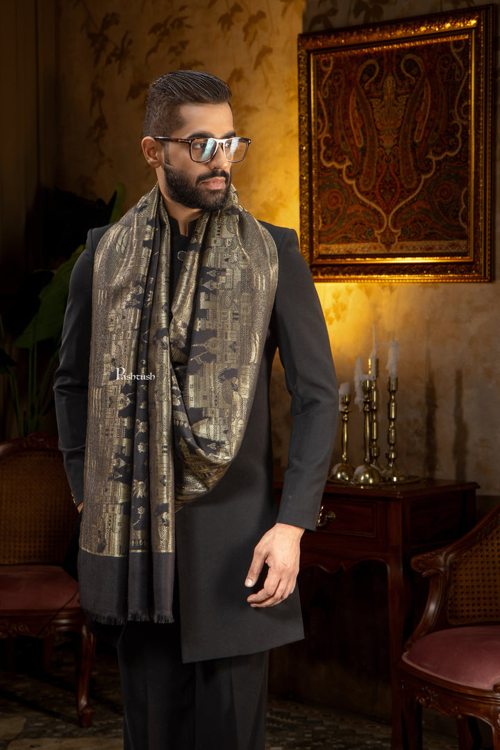 Pashtush India Mens Scarves Stoles and Mufflers Pashtush Mens Faux Pashmina Stole, Twilight Darbar Border Design, Black