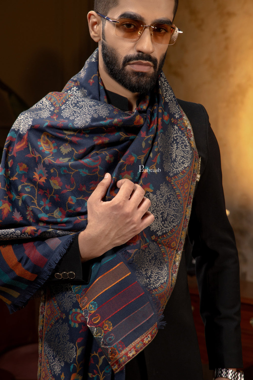 Pashtush India Mens Scarves Stoles and Mufflers Pashtush Mens Faux Pashmina Stole, Twilight Design, Blue