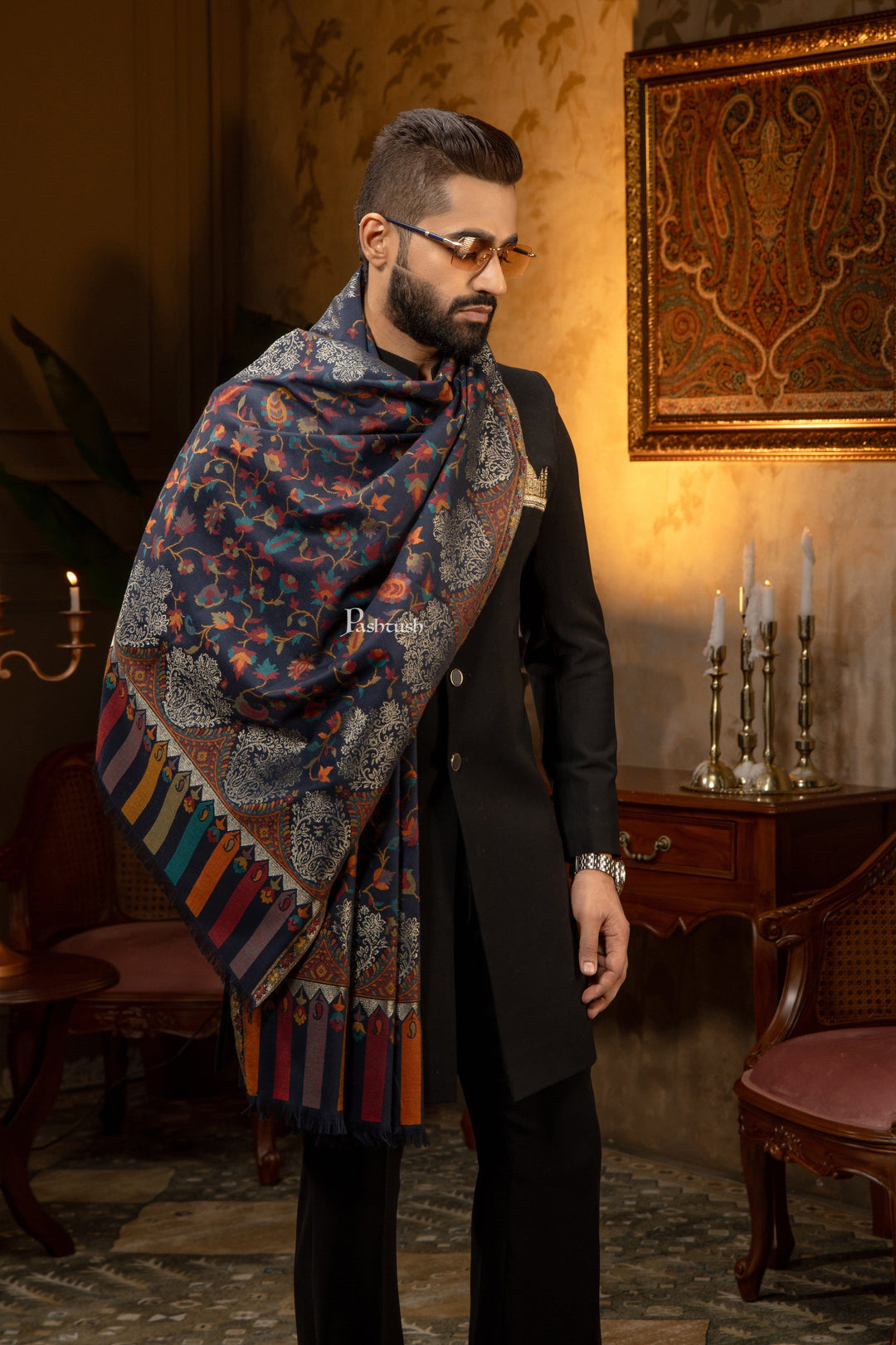 Pashtush India Mens Scarves Stoles and Mufflers Pashtush Mens Faux Pashmina Stole, Twilight Design, Blue