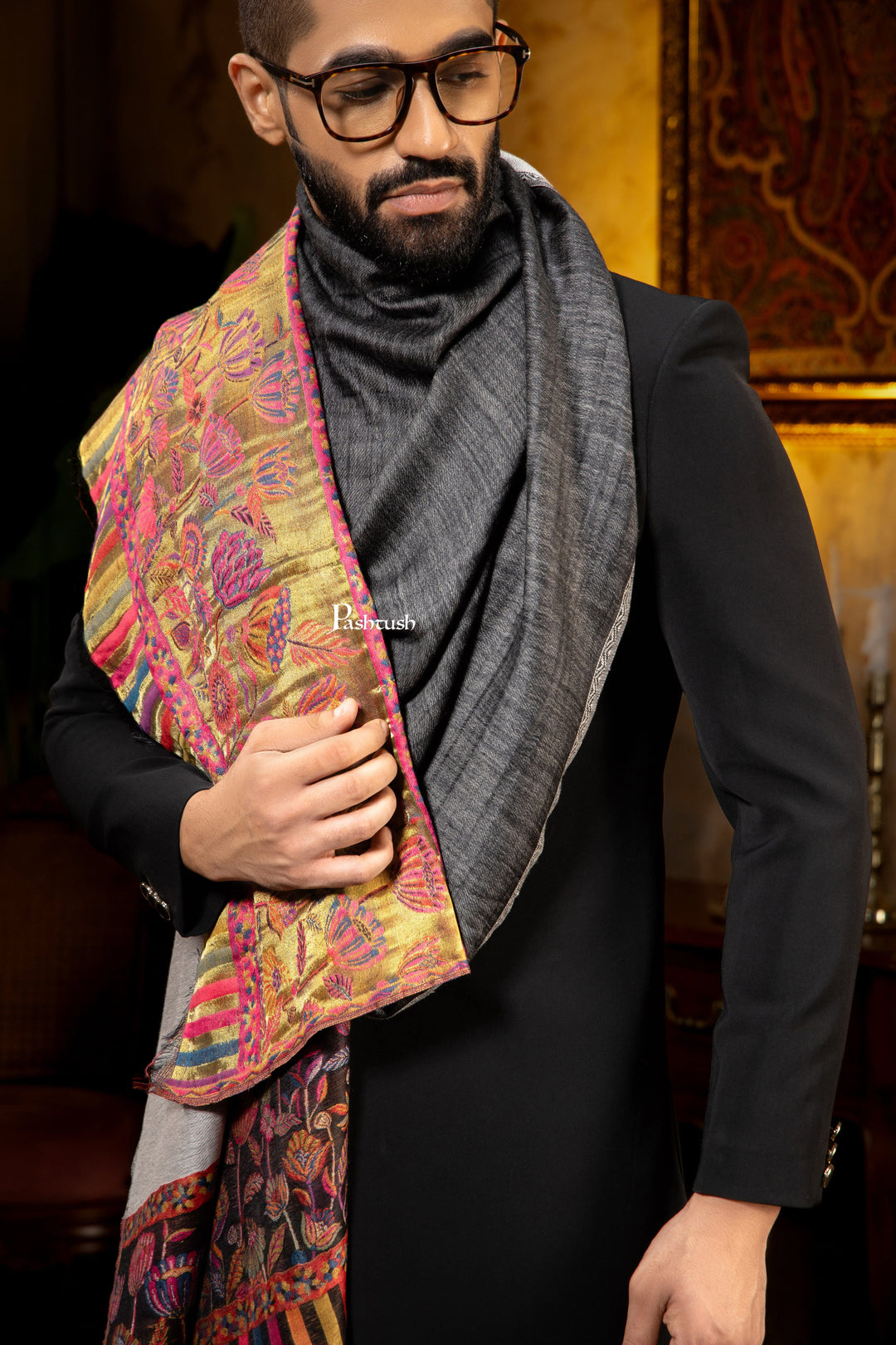 Pashtush India Mens Scarves Stoles and Mufflers Pashtush Mens Faux Pashmina Stole, Twilight Flower Reversible Palla Design, Black