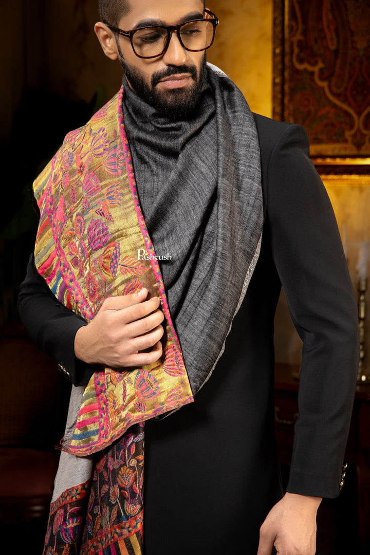 Pashtush India Mens Scarves Stoles and Mufflers Pashtush Mens Faux Pashmina Stole, Twilight Flower Reversible Palla Design, Black