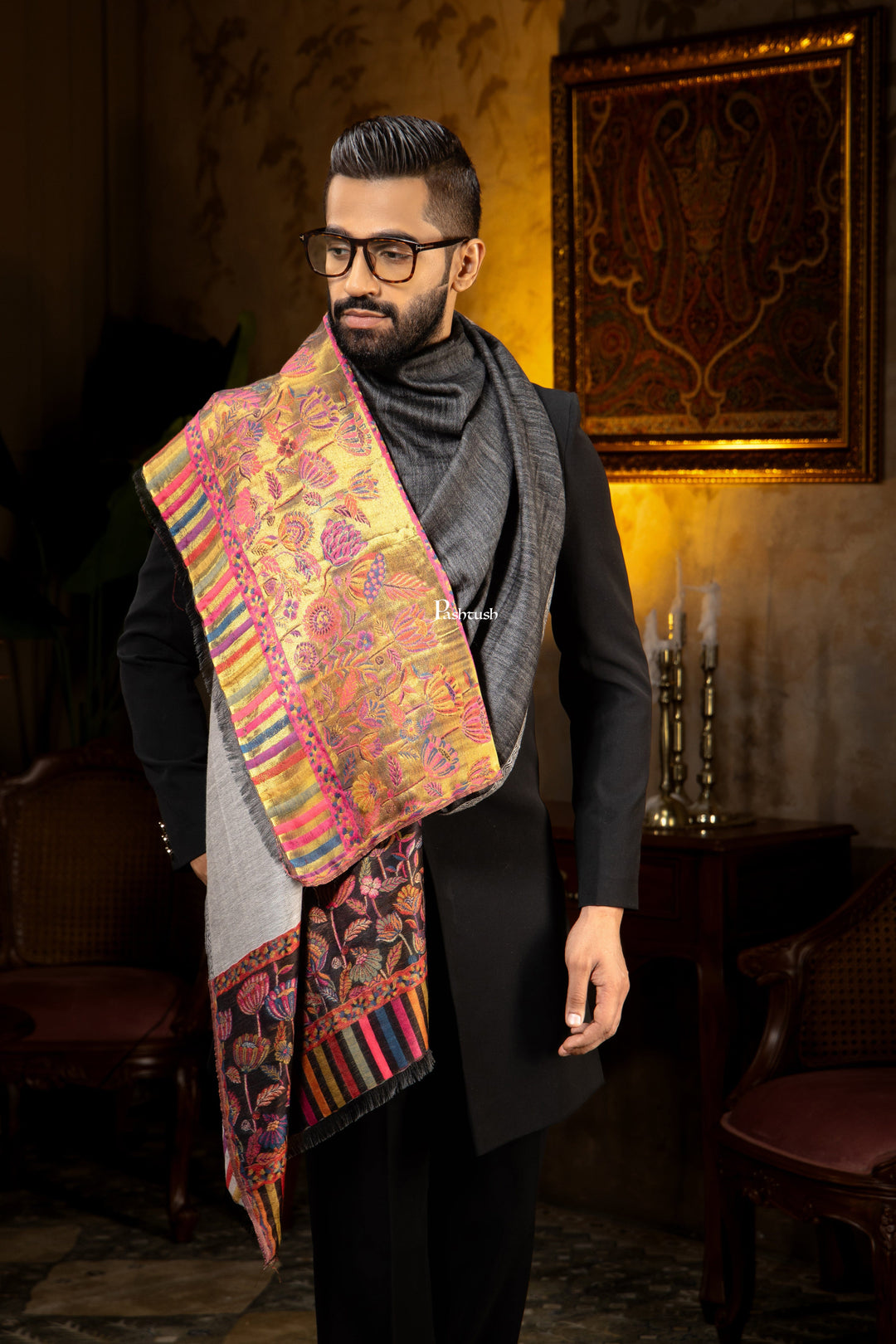 Pashtush India Mens Scarves Stoles and Mufflers Pashtush Mens Faux Pashmina Stole, Twilight Flower Reversible Palla Design, Black