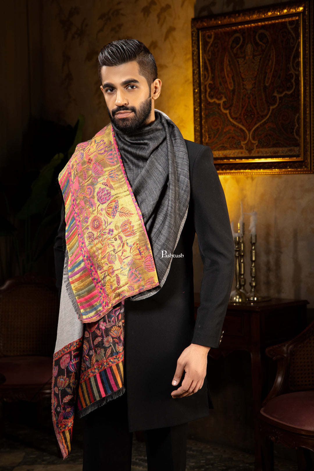Pashtush India Mens Scarves Stoles and Mufflers Pashtush Mens Faux Pashmina Stole, Twilight Flower Reversible Palla Design, Black
