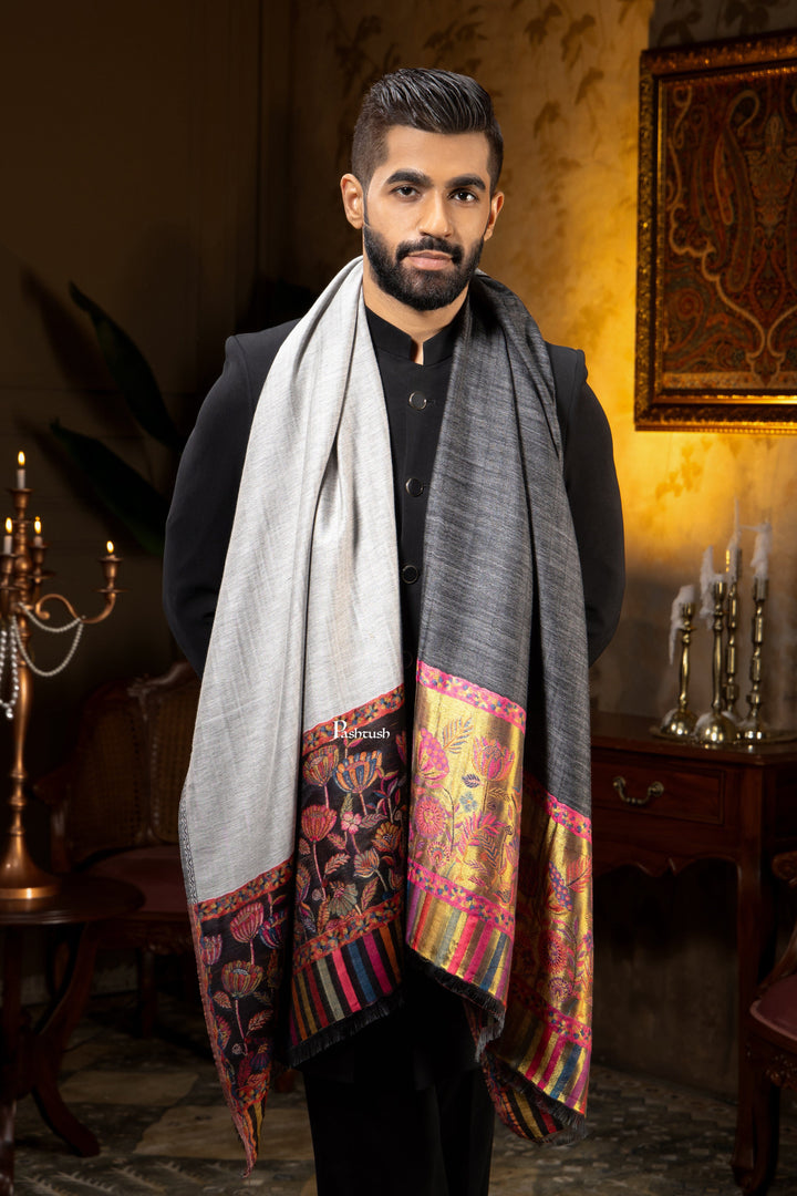 Pashtush India Mens Scarves Stoles and Mufflers Pashtush Mens Faux Pashmina Stole, Twilight Flower Reversible Palla Design, Black