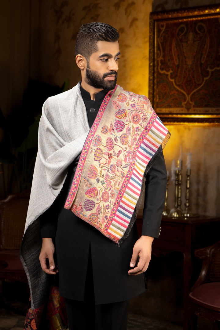 Pashtush India Mens Scarves Stoles and Mufflers Pashtush Mens Faux Pashmina Stole, Twilight Flower Reversible Palla Design, Black