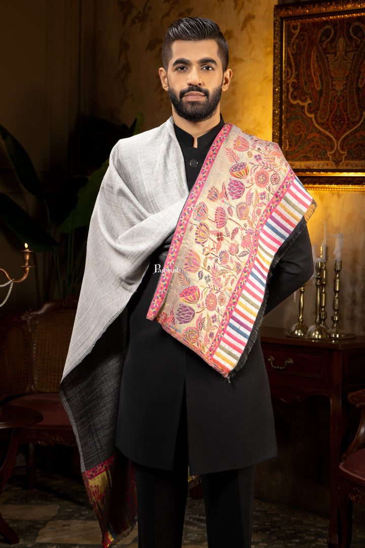 Pashtush India Mens Scarves Stoles and Mufflers Pashtush Mens Faux Pashmina Stole, Twilight Flower Reversible Palla Design, Black