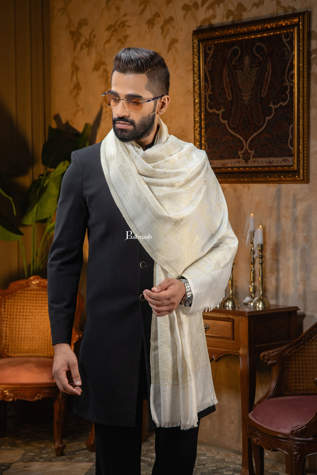 Pashtush India Mens Scarves Stoles and Mufflers Pashtush Mens Faux Pashmina Stole, Twlight Collection Darbar Design, Ivory