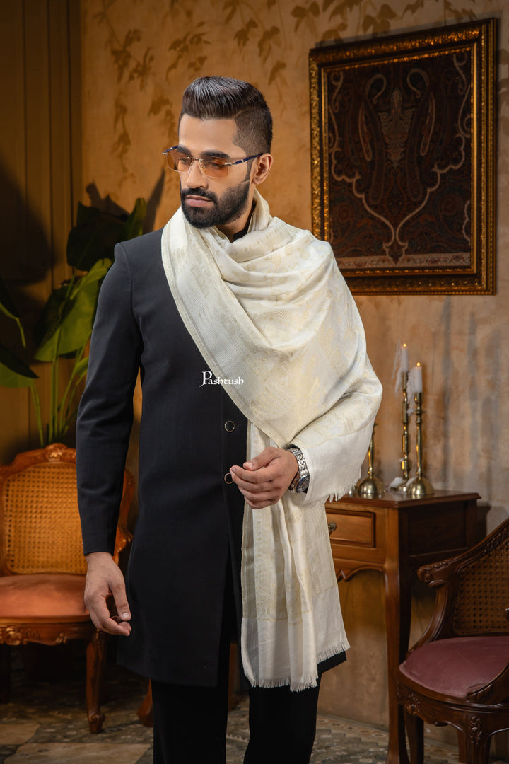 Pashtush India Mens Scarves Stoles and Mufflers Pashtush Mens Faux Pashmina Stole, Twlight Collection Darbar Design, Ivory