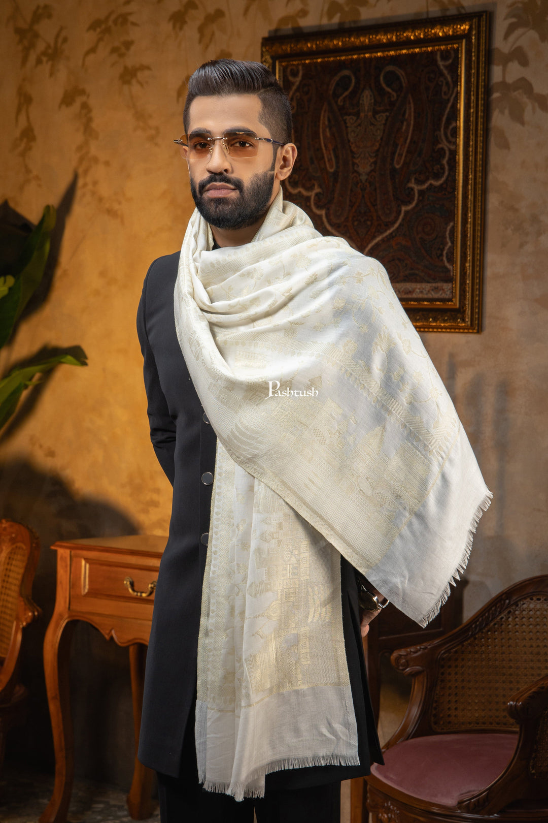 Pashtush India Mens Scarves Stoles and Mufflers Pashtush Mens Faux Pashmina Stole, Twlight Collection Darbar Design, Ivory