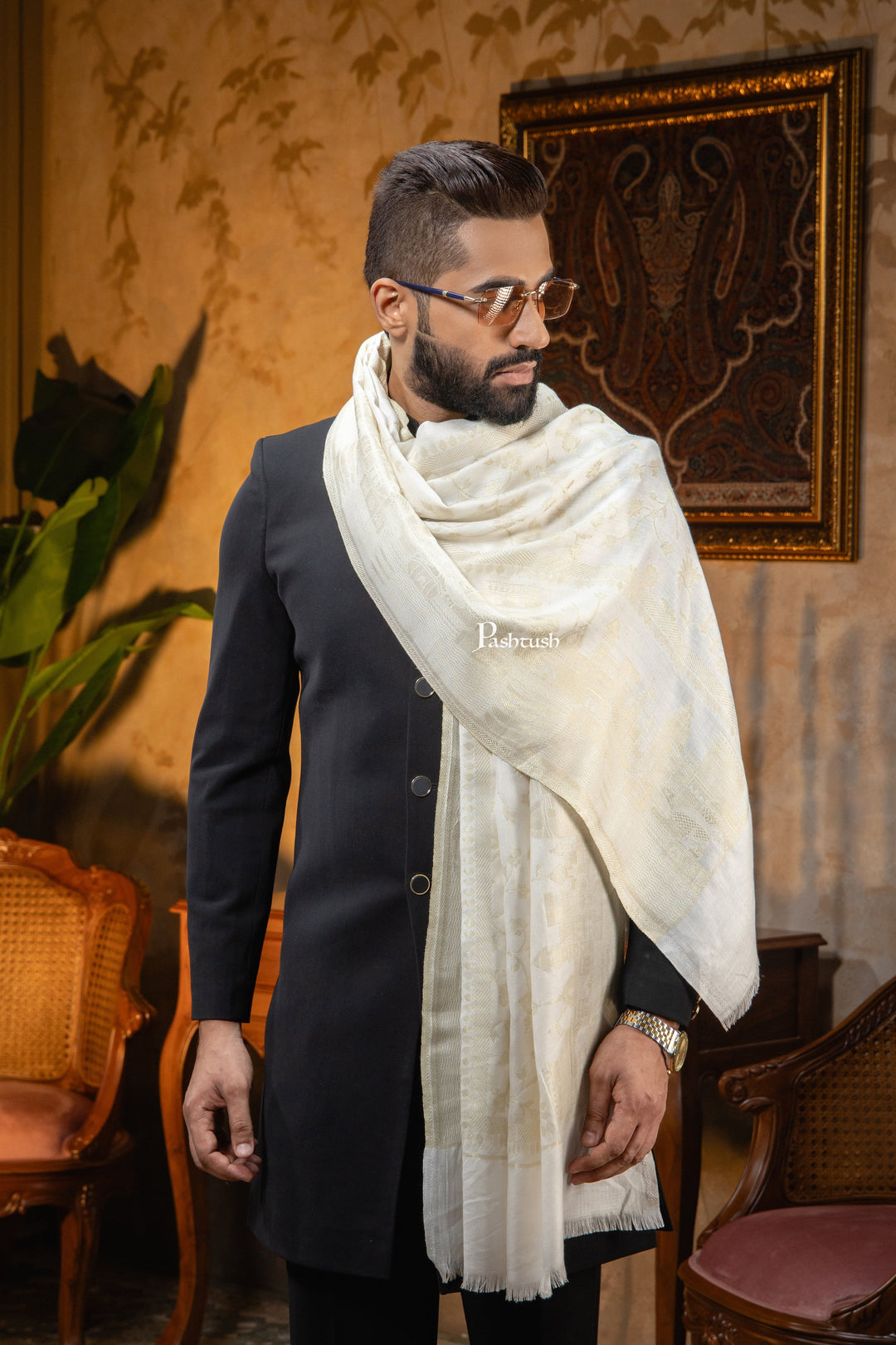 Pashtush India Mens Scarves Stoles and Mufflers Pashtush Mens Faux Pashmina Stole, Twlight Collection Darbar Design, Ivory