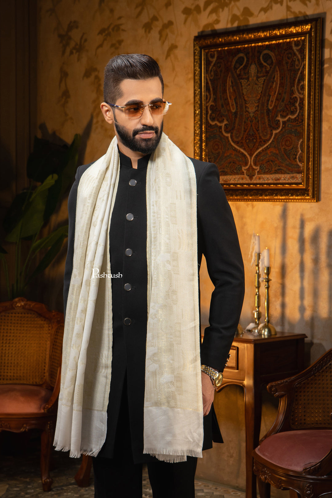 Pashtush India Mens Scarves Stoles and Mufflers Pashtush Mens Faux Pashmina Stole, Twlight Collection Darbar Design, Ivory