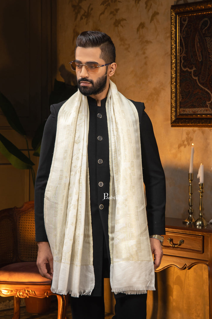 Pashtush India Mens Scarves Stoles and Mufflers Pashtush Mens Faux Pashmina Stole, Twlight Collection Darbar Design, Ivory