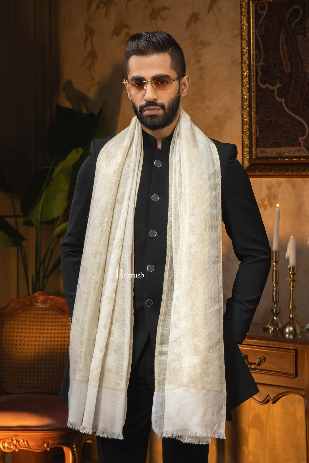 Pashtush India Mens Scarves Stoles and Mufflers Pashtush Mens Faux Pashmina Stole, Twlight Collection Darbar Design, Ivory
