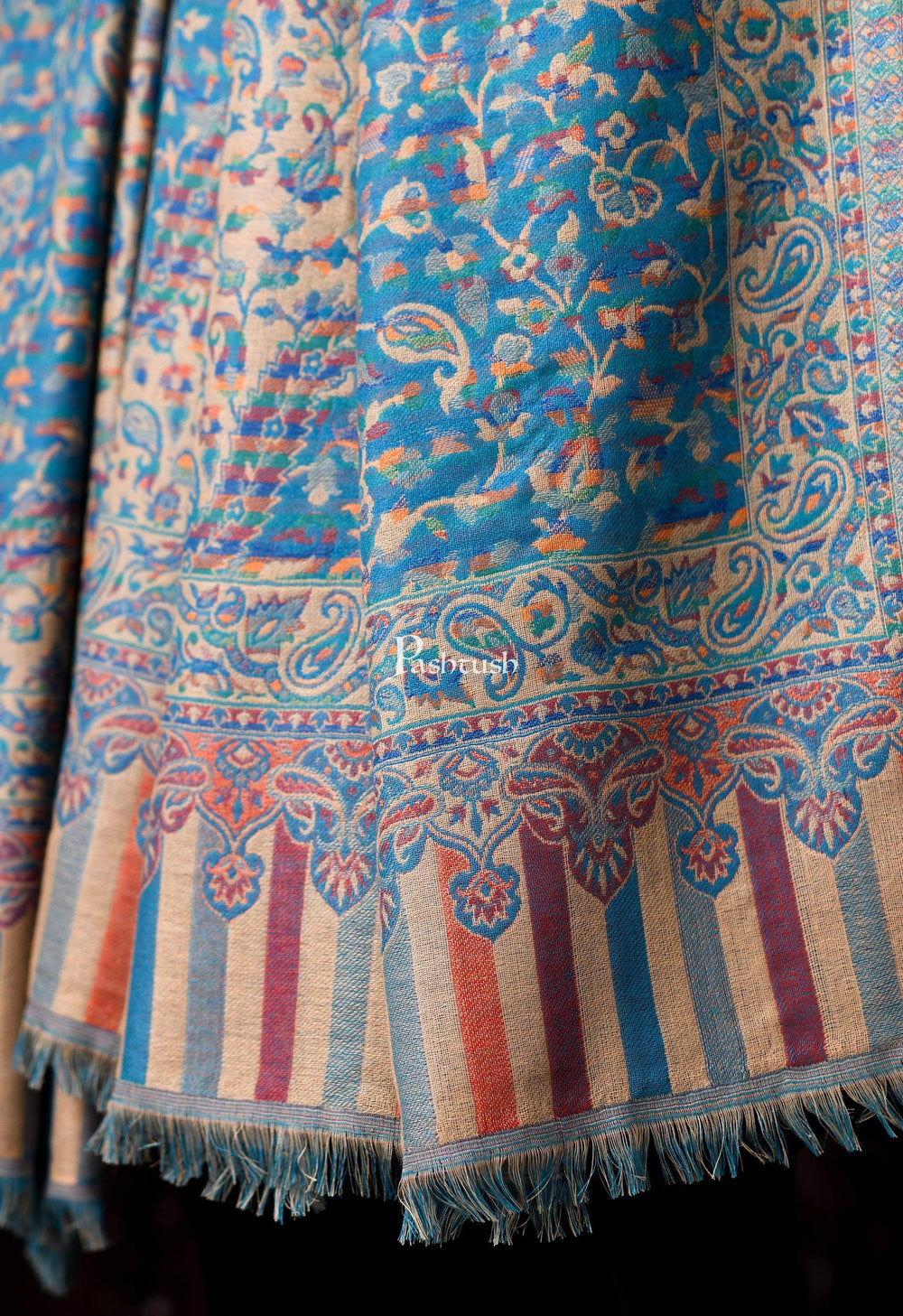 Pashtush India 100x200 Pashtush Mens Faux Pashmina, Woven Design Jamawar Shawl, Blue Beige