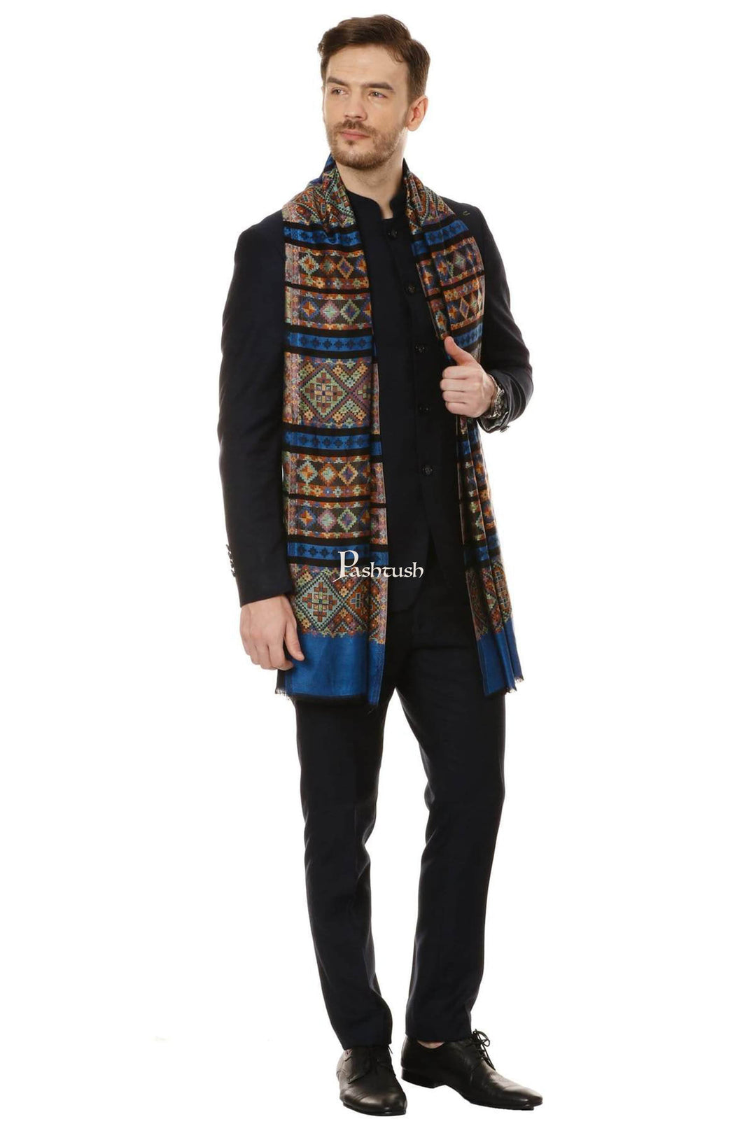 Pashtush India Mens Scarves Stoles and Mufflers Pashtush Mens Fine Bamboo Soft Aztec Ethnic Stole - Blue