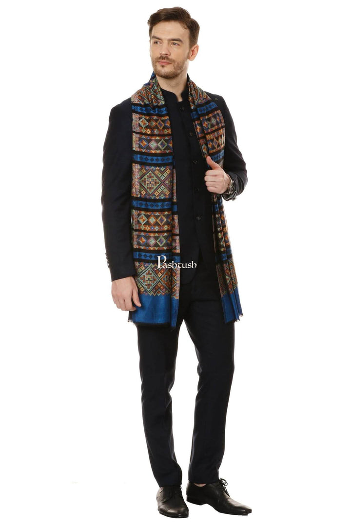 Pashtush India Mens Scarves Stoles and Mufflers Pashtush Mens Fine Bamboo Soft Aztec Ethnic Stole - Blue