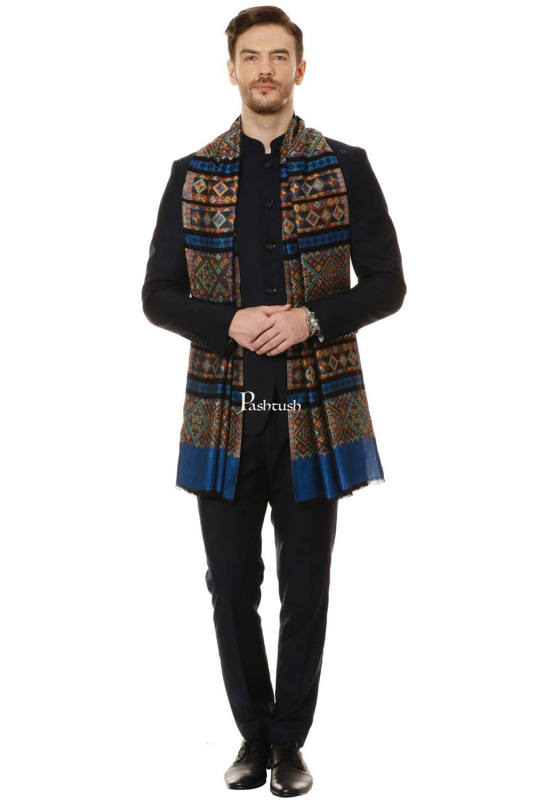 Pashtush India Mens Scarves Stoles and Mufflers Pashtush Mens Fine Bamboo Soft Aztec Ethnic Stole - Blue