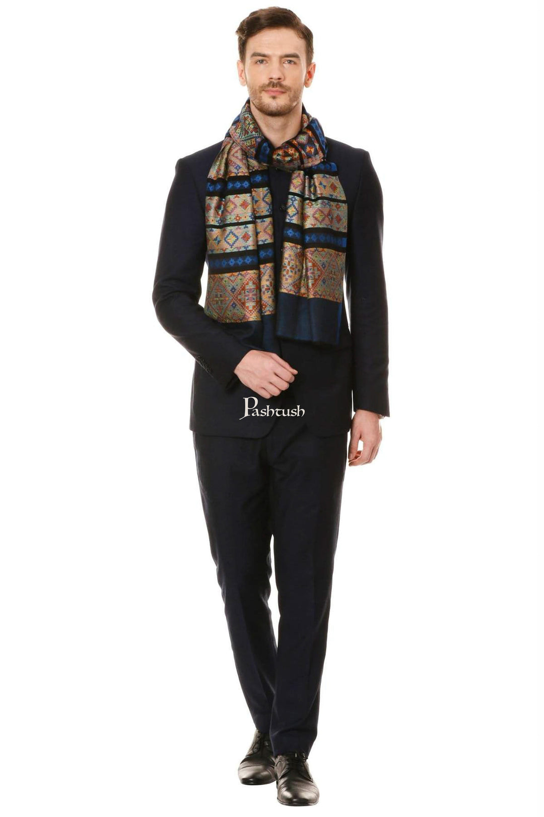 Pashtush India Mens Scarves Stoles and Mufflers Pashtush Mens Fine Bamboo Soft Aztec Ethnic Stole - Blue
