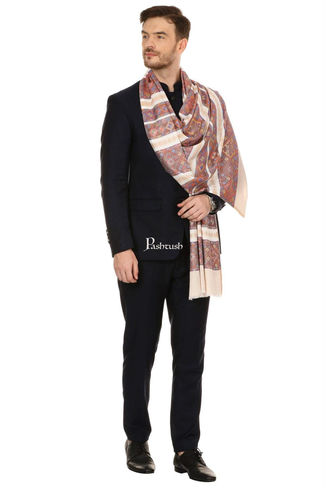 Pashtush India Mens Scarves Stoles and Mufflers Pashtush Mens Fine Bamboo Soft Ethnic Stole - Beige