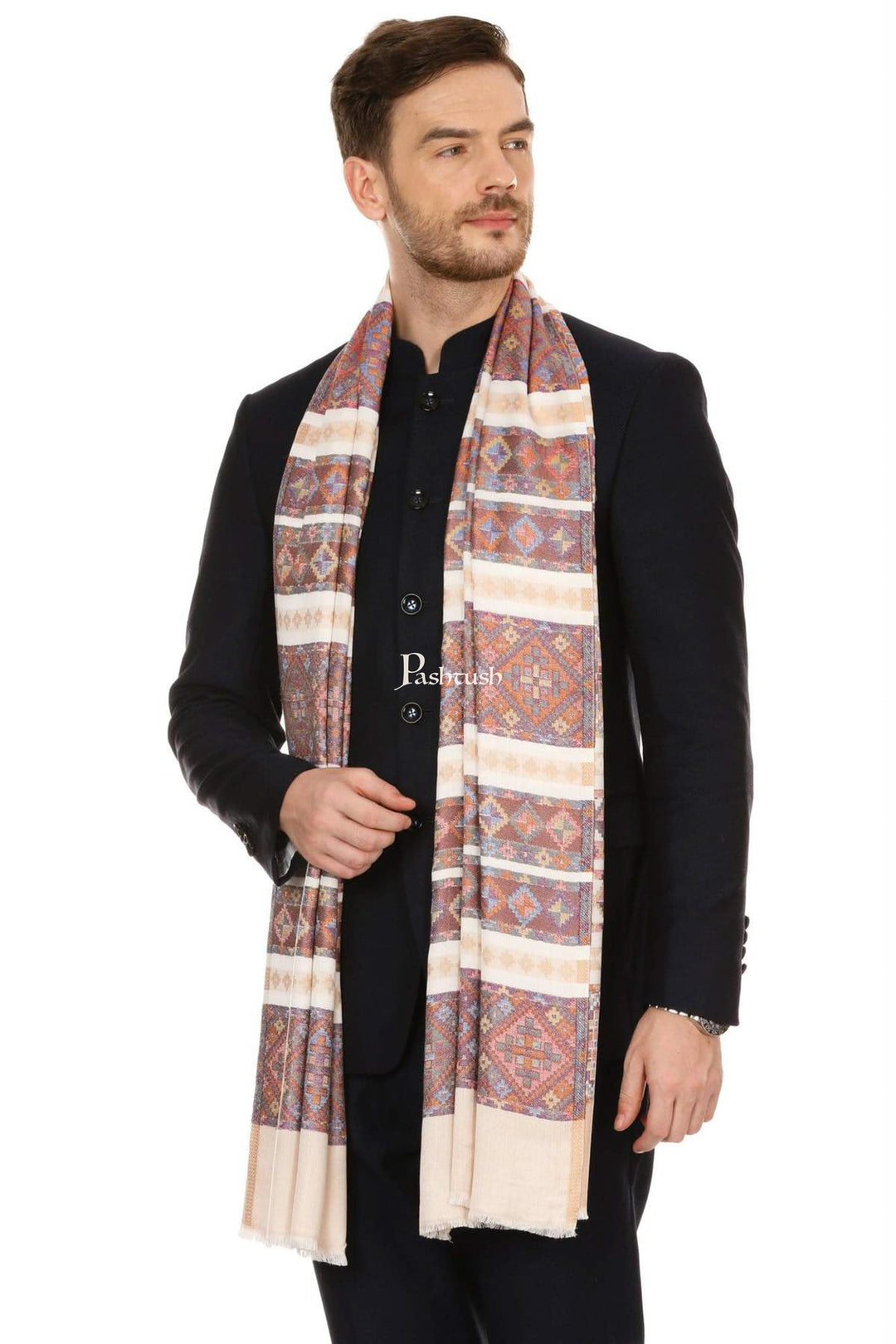 Pashtush India Mens Scarves Stoles and Mufflers Pashtush Mens Fine Bamboo Soft Ethnic Stole - Beige