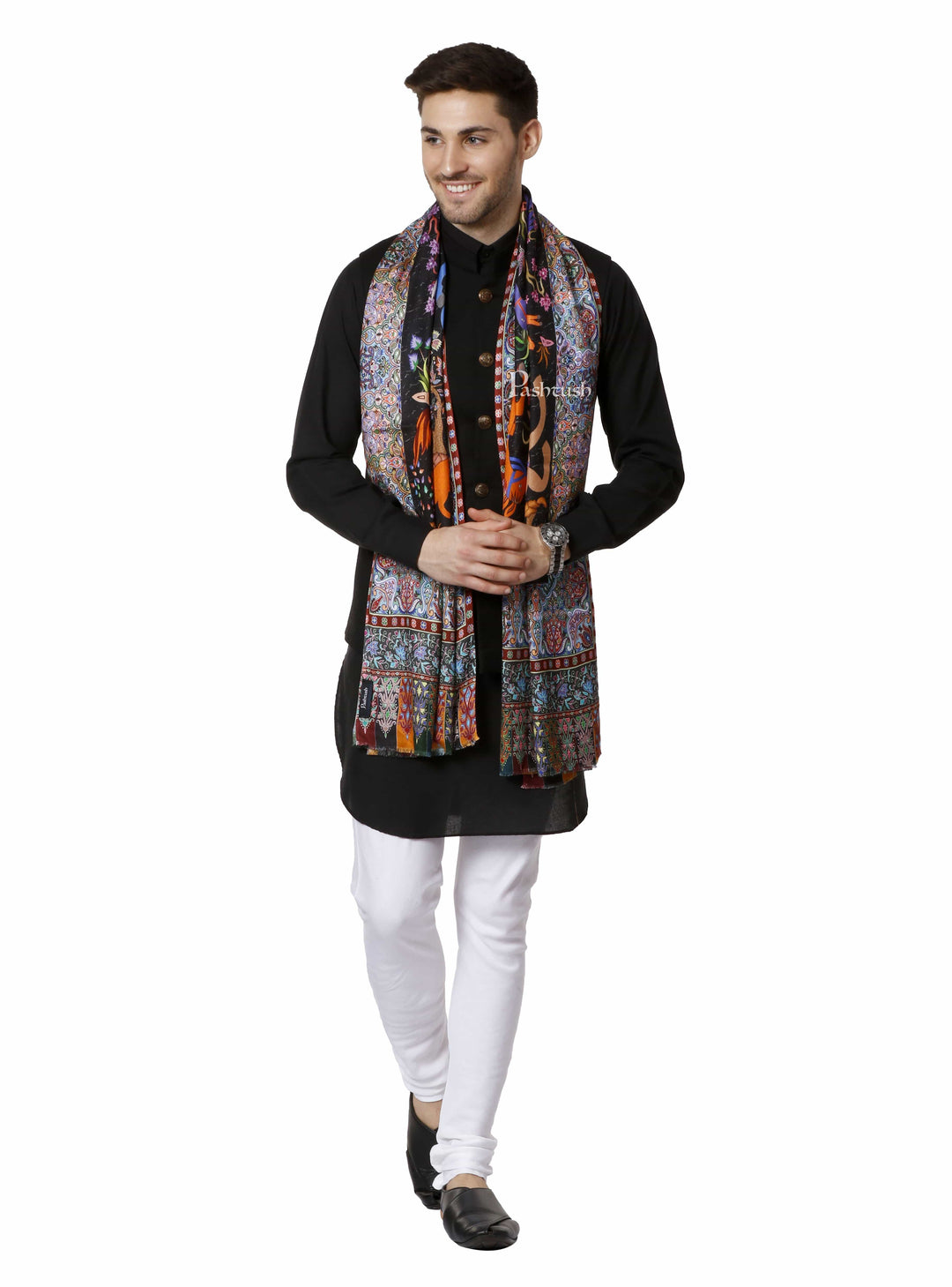 Pashtush India 70x200 PASHTUSH MENS FINE SOFT BAMBOO STOLE, SHIKAARDAR DESIGN - BLACK